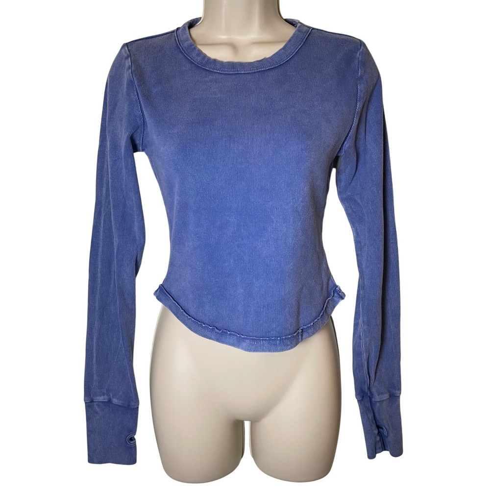 Free People FP Movement Ribbed Long Sleeve Baby Tee Blue M Cropped Thumbhole